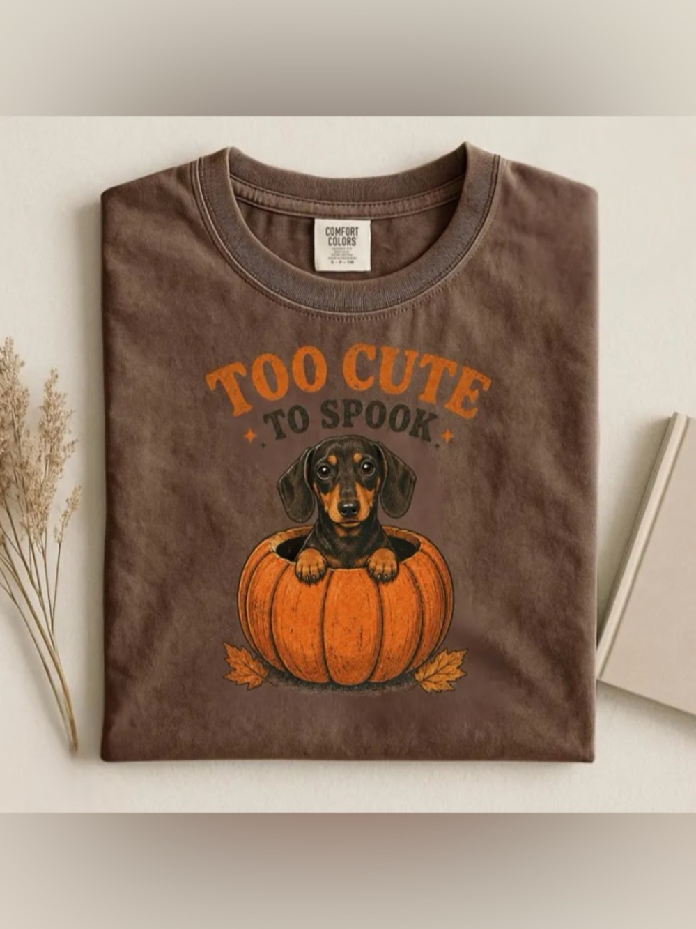 Cute Halloween Dachshund Comfort Colors Tee, Too Cute To Spook Wiener Dog Tee